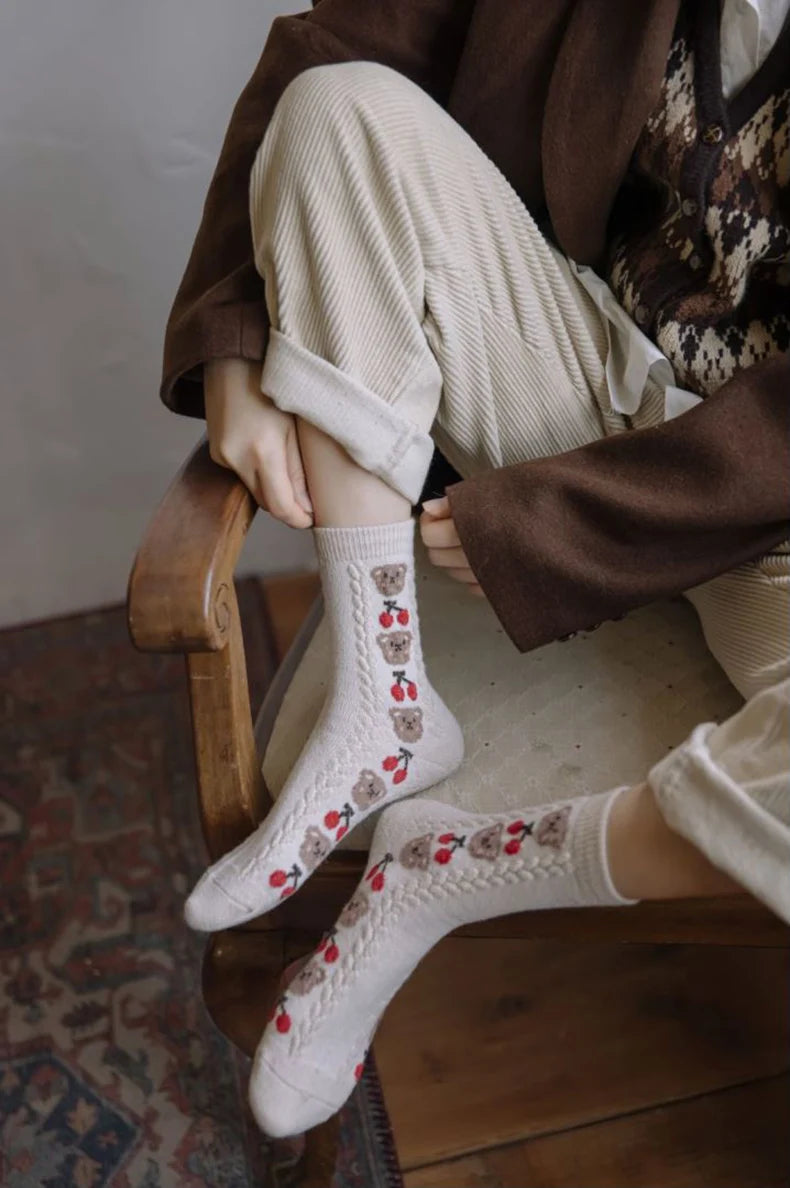 Cute Bear Socks Women High Wool Keep Warm Brown Winter Sock Fuffy Funny Lovely Kawaii Cartoon Christmas Gift Thermal Size 35-40