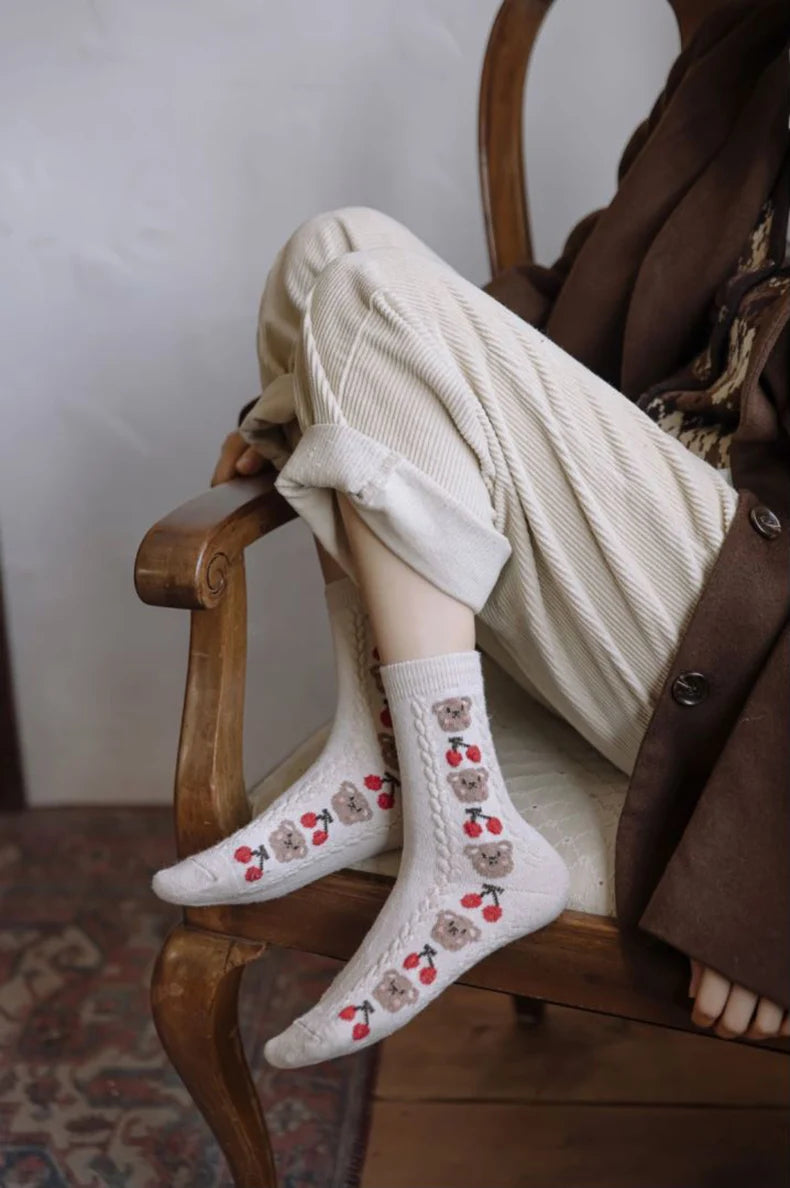 Cute Bear Socks Women High Wool Keep Warm Brown Winter Sock Fuffy Funny Lovely Kawaii Cartoon Christmas Gift Thermal Size 35-40