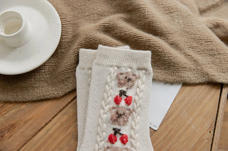 Cute Bear Socks Women High Wool Keep Warm Brown Winter Sock Fuffy Funny Lovely Kawaii Cartoon Christmas Gift Thermal Size 35-40