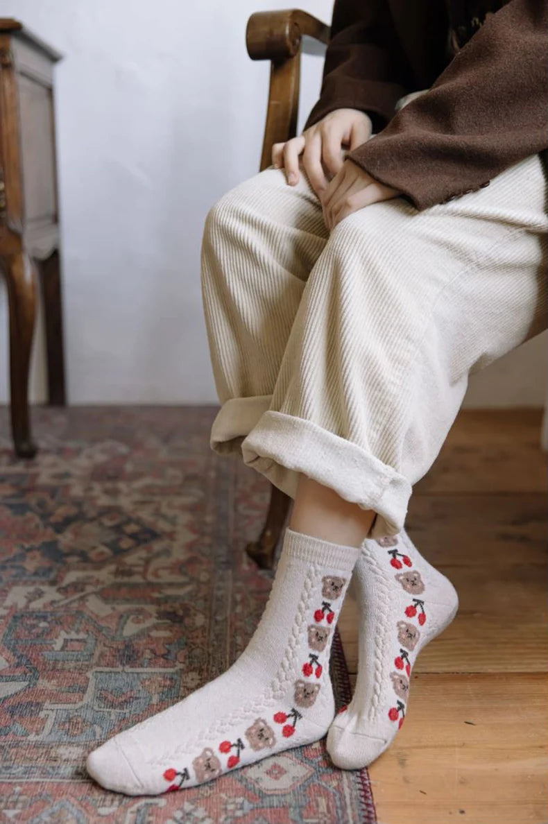 Cute Bear Socks Women High Wool Keep Warm Brown Winter Sock Fuffy Funny Lovely Kawaii Cartoon Christmas Gift Thermal Size 35-40