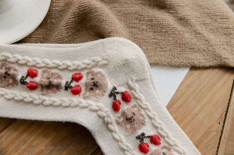 Cute Bear Socks Women High Wool Keep Warm Brown Winter Sock Fuffy Funny Lovely Kawaii Cartoon Christmas Gift Thermal Size 35-40