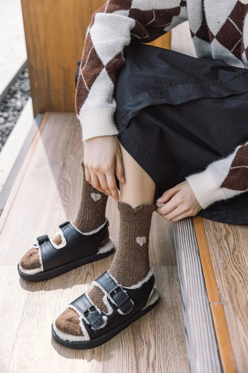 Cute Bear Socks Women High Wool Keep Warm Brown Winter Sock Fuffy Funny Lovely Kawaii Cartoon Christmas Gift Thermal Size 35-40