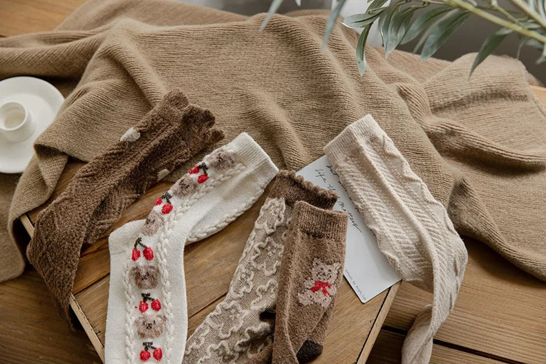 Cute Bear Socks Women High Wool Keep Warm Brown Winter Sock Fuffy Funny Lovely Kawaii Cartoon Christmas Gift Thermal Size 35-40