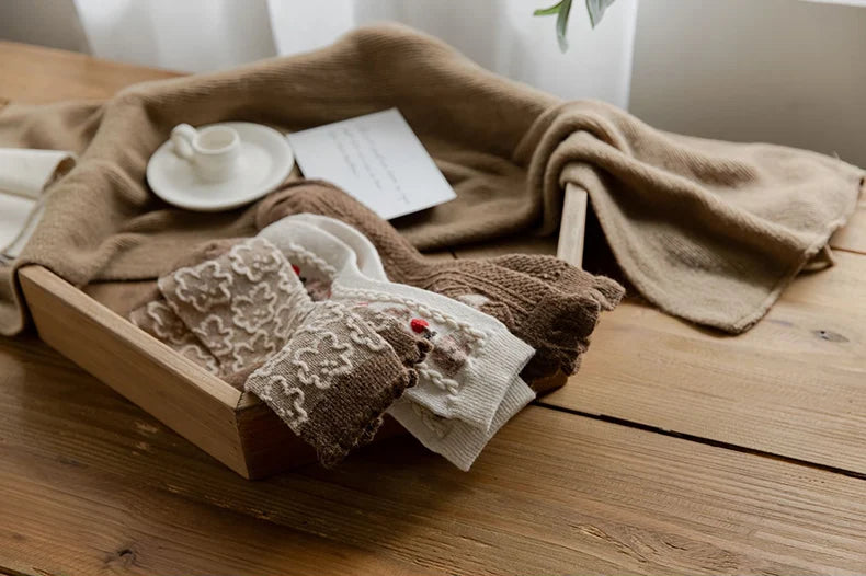 Cute Bear Socks Women High Wool Keep Warm Brown Winter Sock Fuffy Funny Lovely Kawaii Cartoon Christmas Gift Thermal Size 35-40