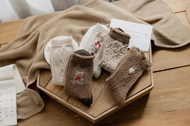 Cute Bear Socks Women High Wool Keep Warm Brown Winter Sock Fuffy Funny Lovely Kawaii Cartoon Christmas Gift Thermal Size 35-40
