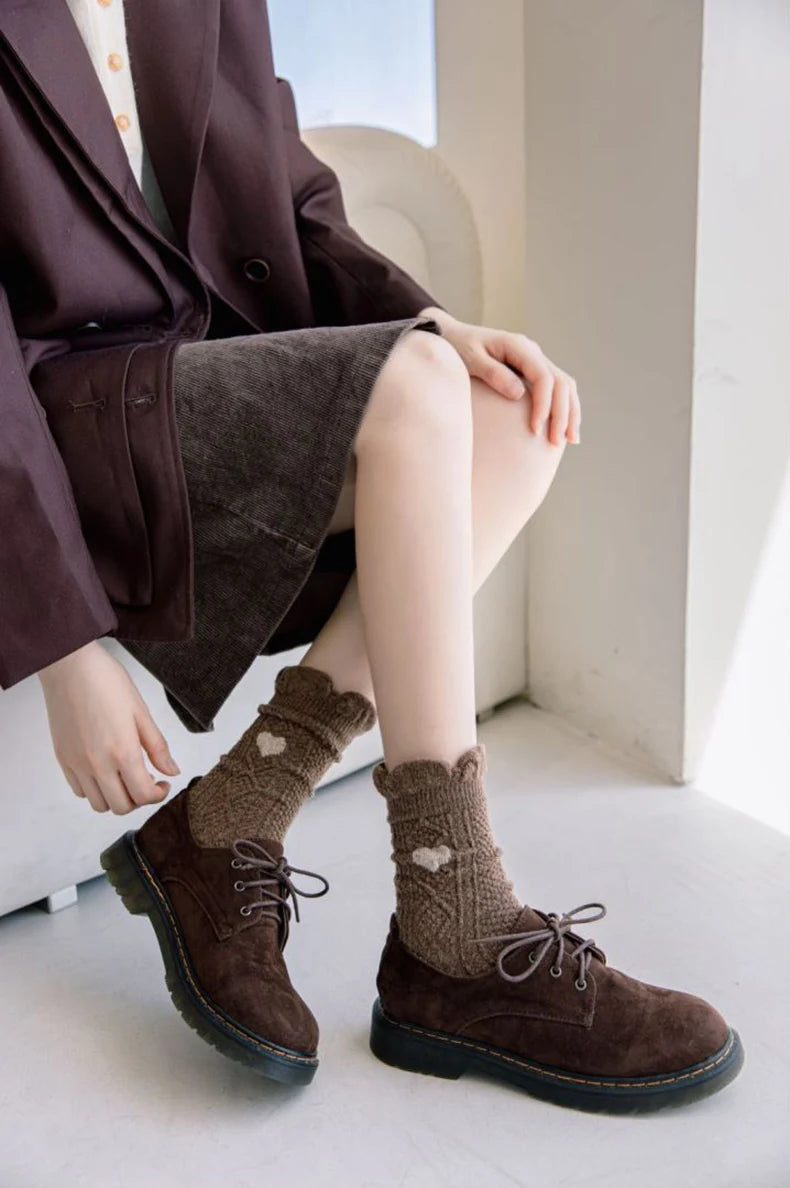 Cute Bear Socks Women High Wool Keep Warm Brown Winter Sock Fuffy Funny Lovely Kawaii Cartoon Christmas Gift Thermal Size 35-40