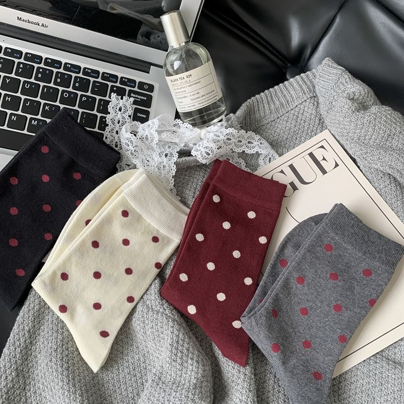2025 New Women Socks Casual Fashion Striped Red Gray Elastic Long Socks Women Polka Dot Harajuku Retro Cotton Middle-tube Socks