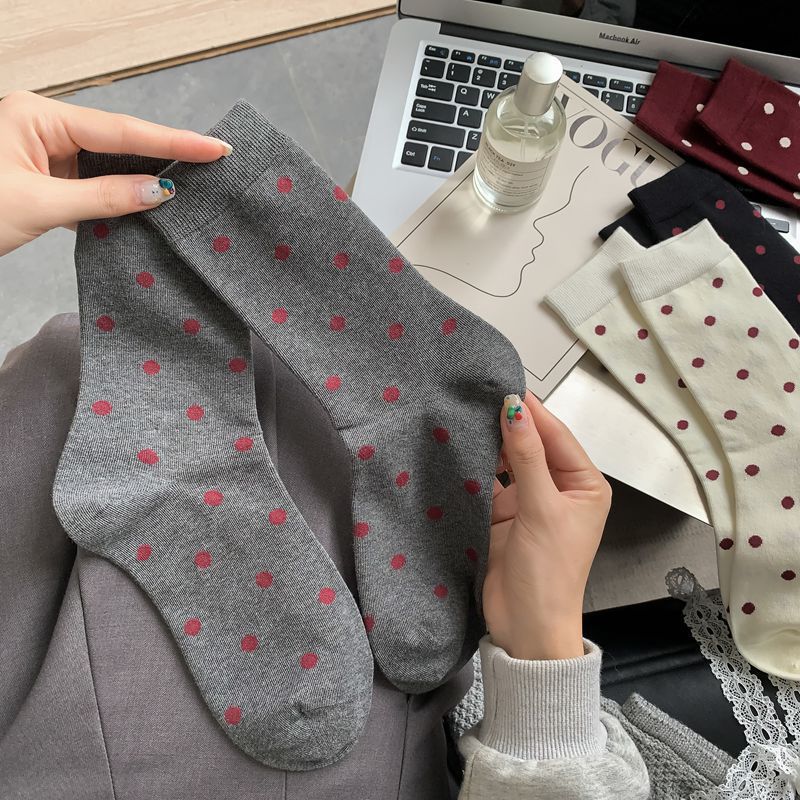 2025 New Women Socks Casual Fashion Striped Red Gray Elastic Long Socks Women Polka Dot Harajuku Retro Cotton Middle-tube Socks