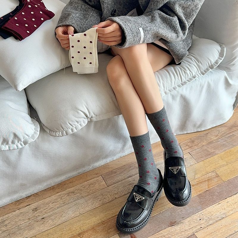 2025 New Women Socks Casual Fashion Striped Red Gray Elastic Long Socks Women Polka Dot Harajuku Retro Cotton Middle-tube Socks
