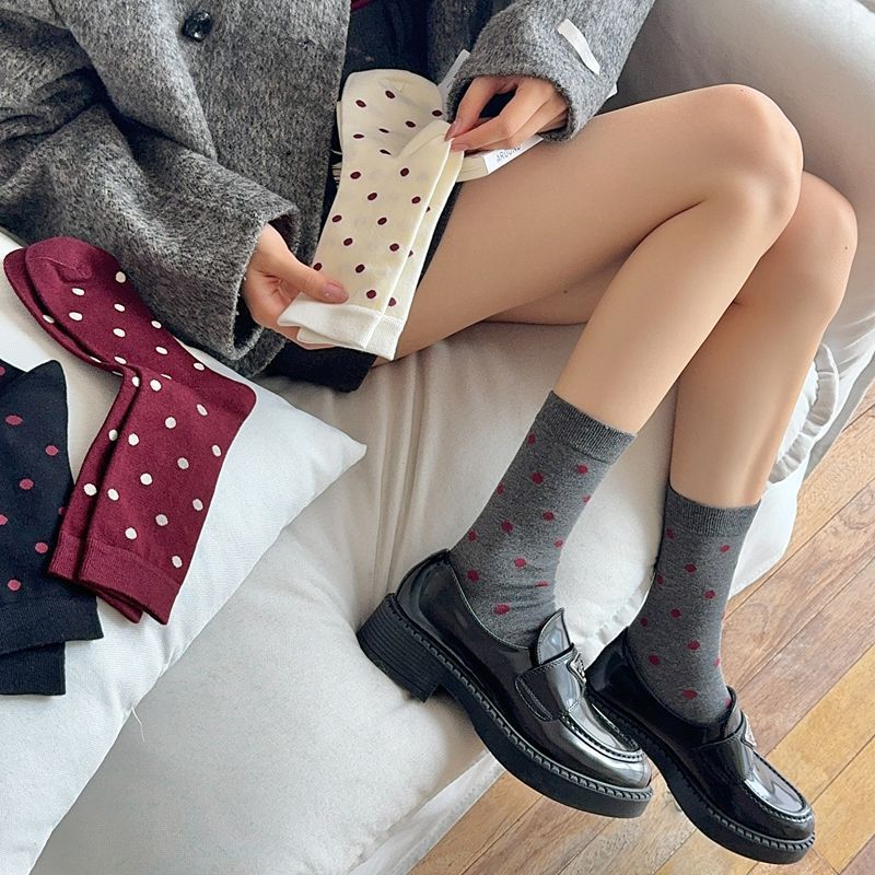 2025 New Women Socks Casual Fashion Striped Red Gray Elastic Long Socks Women Polka Dot Harajuku Retro Cotton Middle-tube Socks
