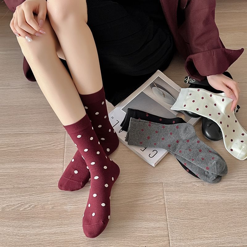 2025 New Women Socks Casual Fashion Striped Red Gray Elastic Long Socks Women Polka Dot Harajuku Retro Cotton Middle-tube Socks