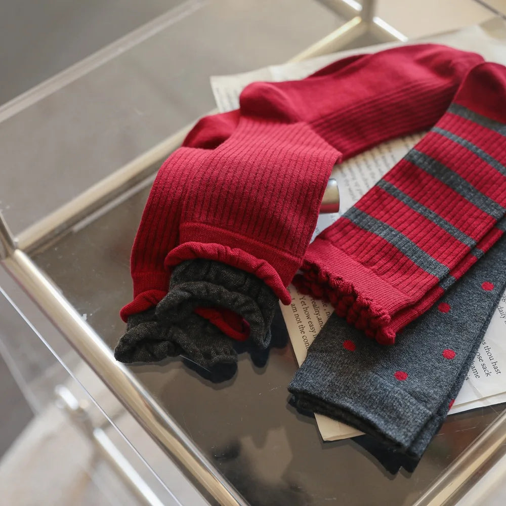 2025 New Women Socks Casual Fashion Striped Red Gray Elastic Long Socks Women Polka Dot Harajuku Retro Cotton Middle-tube Socks