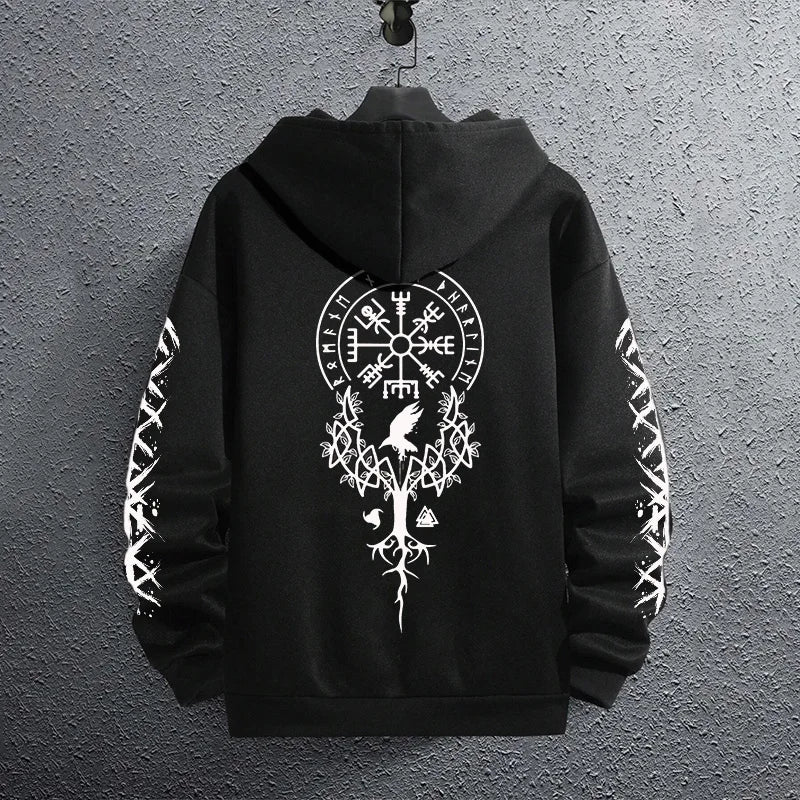 2025 Brand New Black Sweatshirts Autumn Winter Male Daily Casual Sporty Jogging Hoodie Men's Ancient Viking Raven Print Pullover