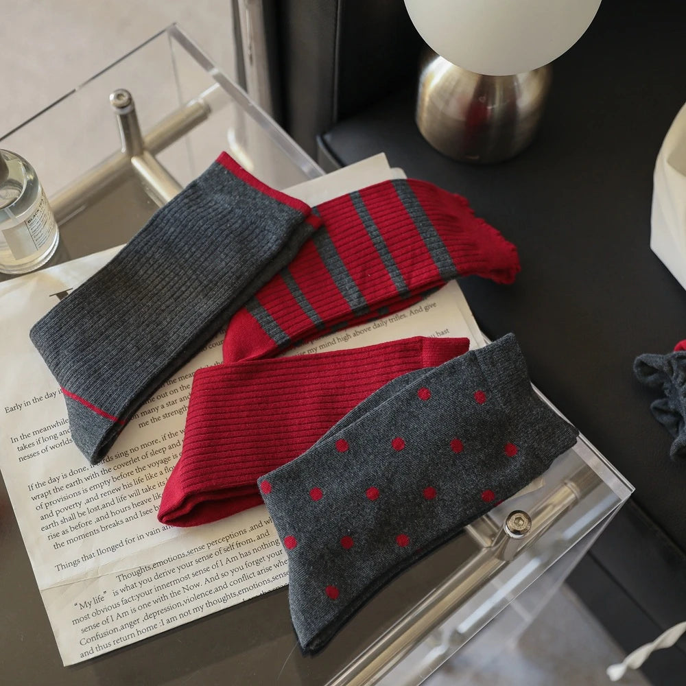 2025 New Women Socks Casual Fashion Striped Red Gray Elastic Long Socks Women Polka Dot Harajuku Retro Cotton Middle-tube Socks