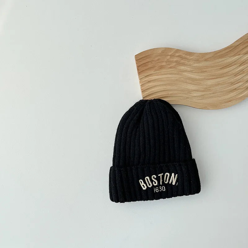 New BOSTON Letter Baby Hat Winter Warm Baby Boys Girls Hat Bonnet Soft Ear Protection Infant Toddler Knitted Kids Cap Beanies