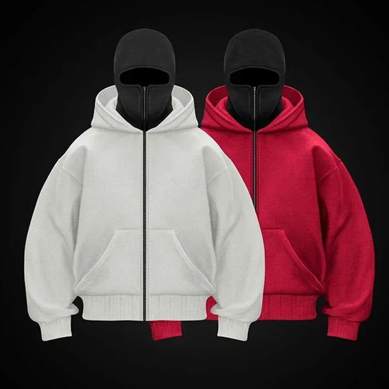Balaclava Men Zip Hoodie Winter Warm Casual Sweatshirt Y2K with Hooded Face Mask Zipper Design Sports Jacket Outdoor Activities