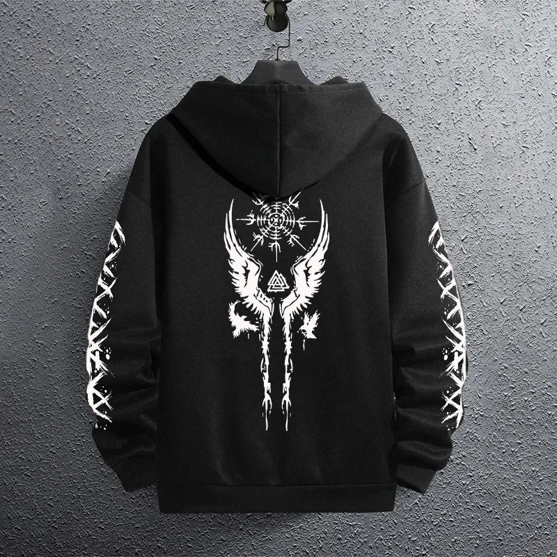 2025 Brand New Black Sweatshirts Autumn Winter Male Daily Casual Sporty Jogging Hoodie Men's Ancient Viking Raven Print Pullover