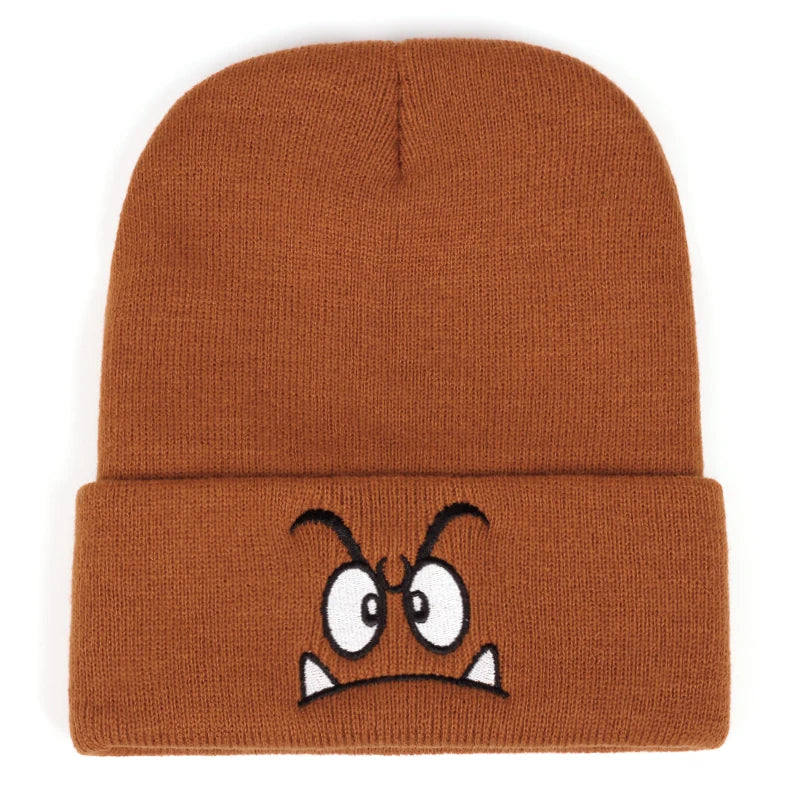 Angry expression embroidered knitted hat, warm woolen hat for men's and women's outdoor sports events in autumn and winter