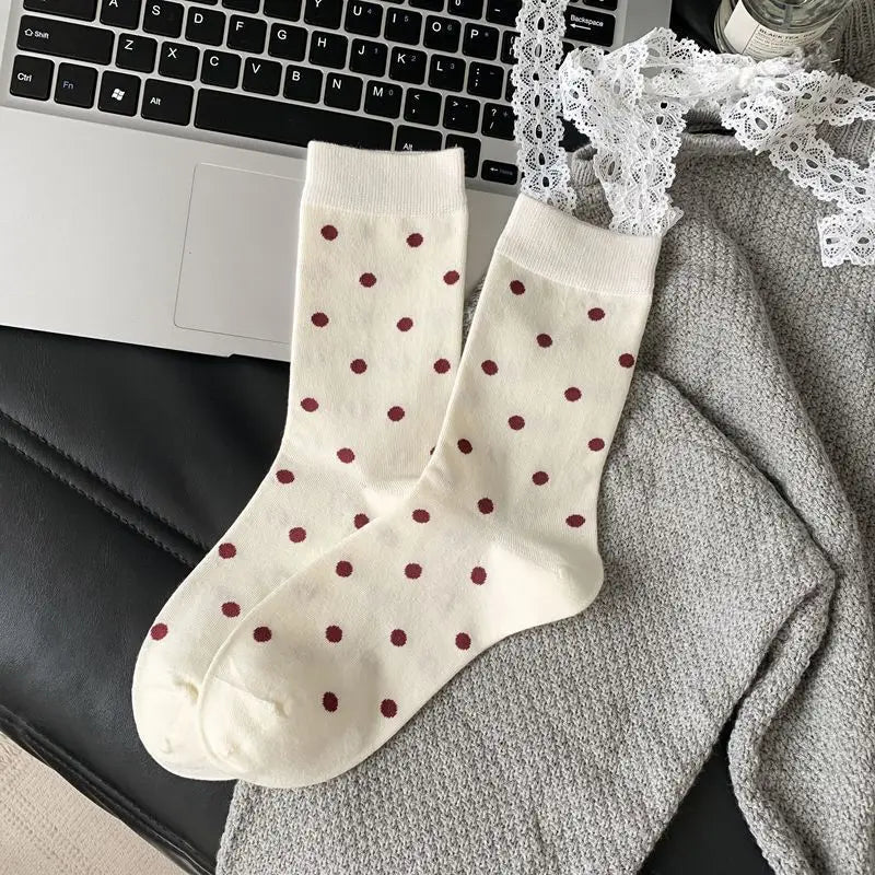 2025 New Women Socks Casual Fashion Striped Red Gray Elastic Long Socks Women Polka Dot Harajuku Retro Cotton Middle-tube Socks