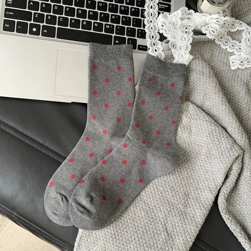 2025 New Women Socks Casual Fashion Striped Red Gray Elastic Long Socks Women Polka Dot Harajuku Retro Cotton Middle-tube Socks