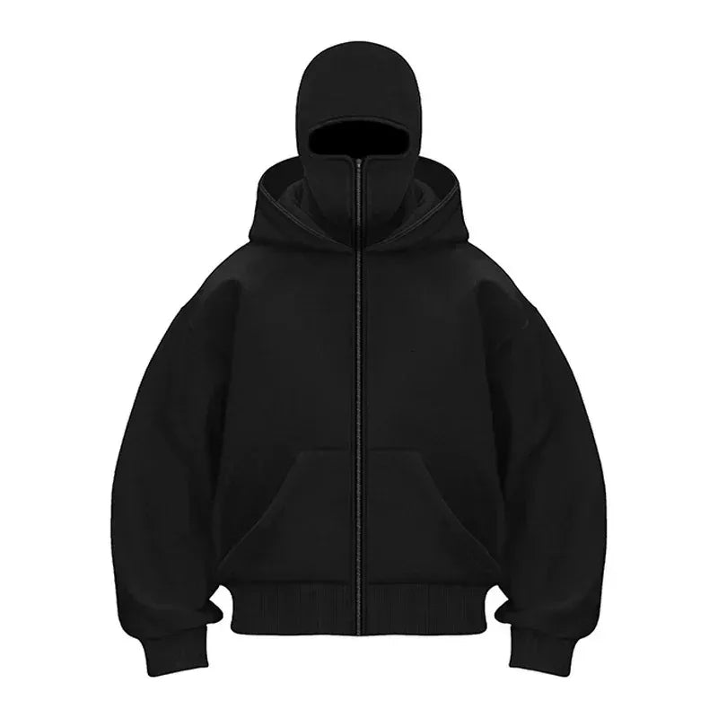Balaclava Men Zip Hoodie Winter Warm Casual Sweatshirt Y2K with Hooded Face Mask Zipper Design Sports Jacket Outdoor Activities