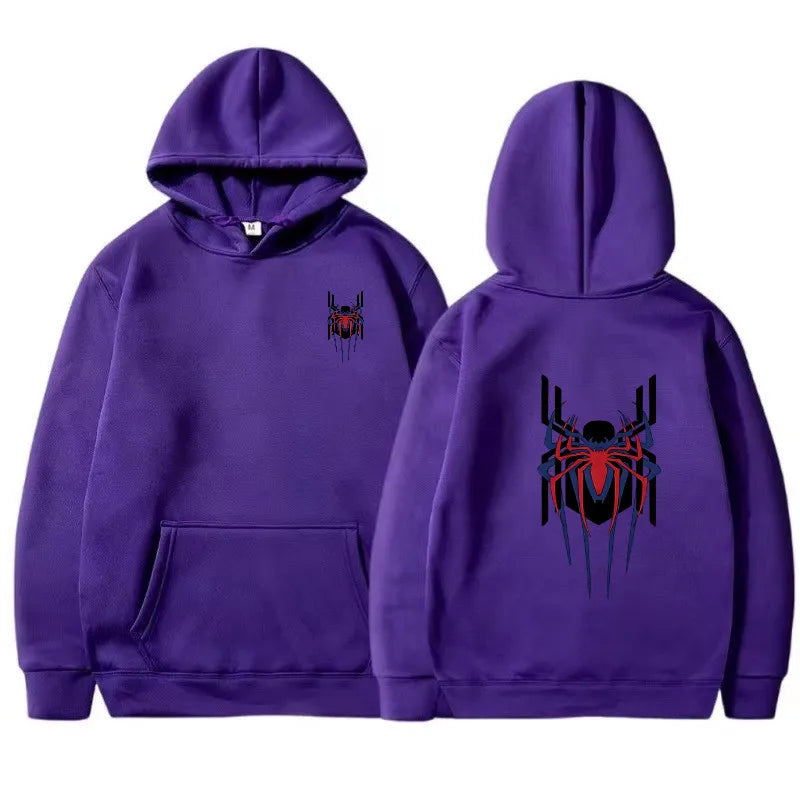 2025 New Men's Hoodie Street Fashion Deep Red Spider Print Sweatshirt Brushed Fleece Women's Casual Fun Loose Hoodie Men's Wear