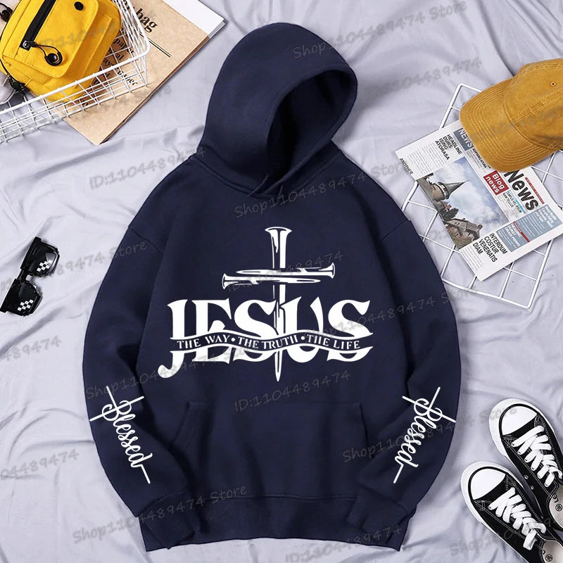 Christian Jesus The Way The Truth The Life Printed Hoodie Men's Streetwear Vintage Cross Faith Religious Sportswear Casual Hoody