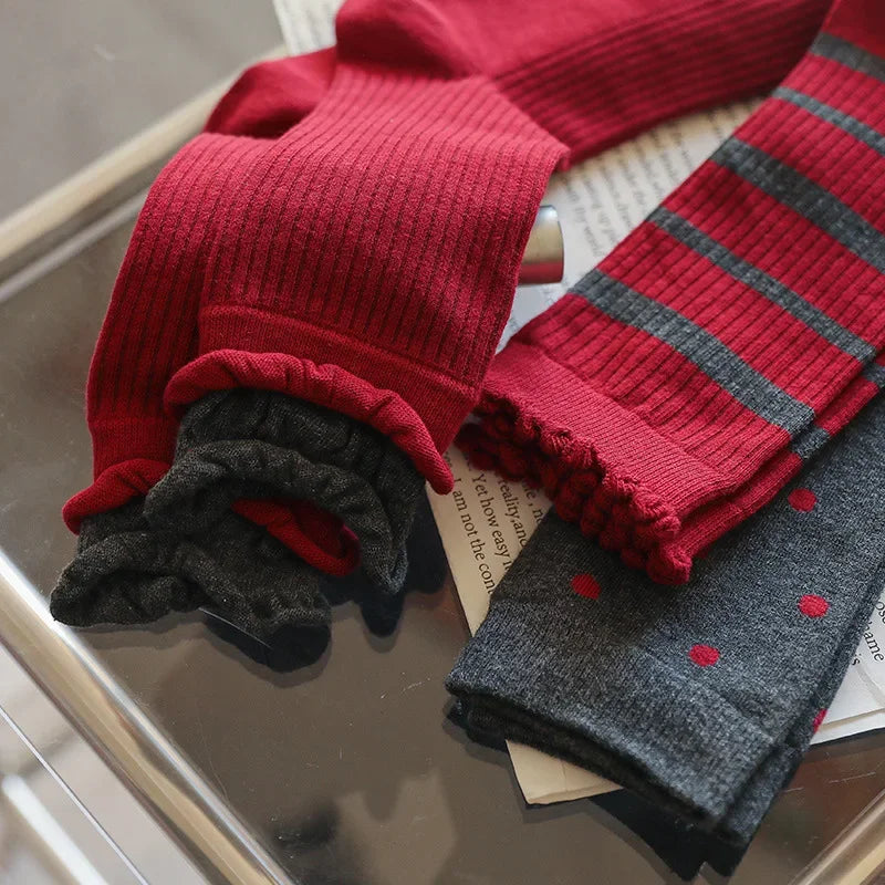 2025 New Women Socks Casual Fashion Striped Red Gray Elastic Long Socks Women Polka Dot Harajuku Retro Cotton Middle-tube Socks