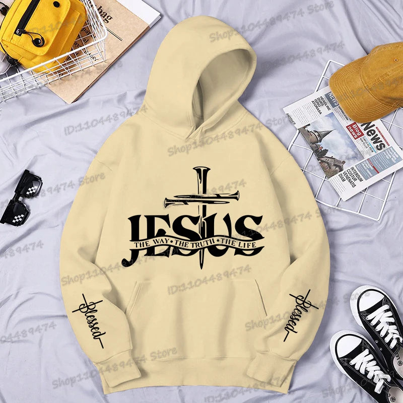 Christian Jesus The Way The Truth The Life Printed Hoodie Men's Streetwear Vintage Cross Faith Religious Sportswear Casual Hoody