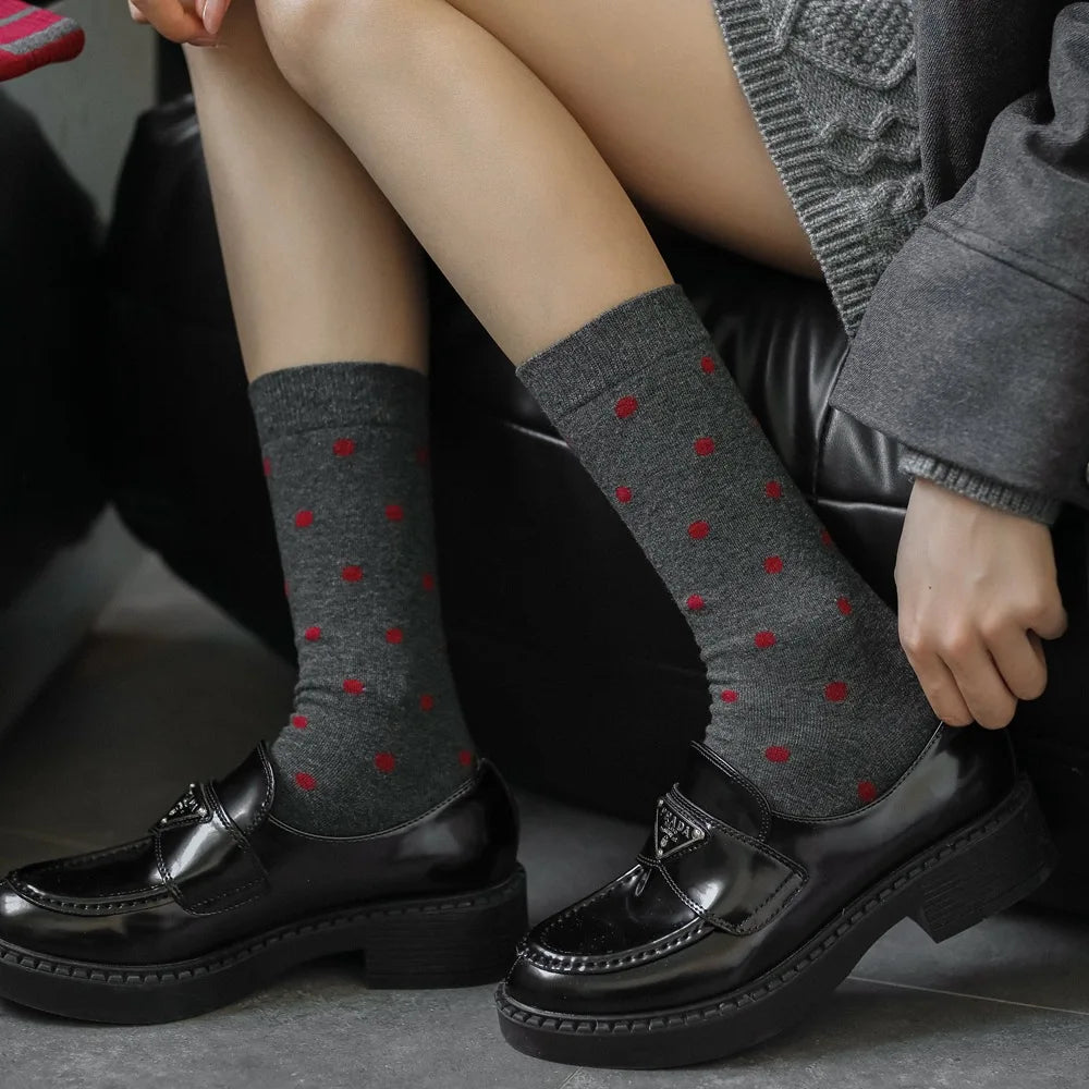 2025 New Women Socks Casual Fashion Striped Red Gray Elastic Long Socks Women Polka Dot Harajuku Retro Cotton Middle-tube Socks