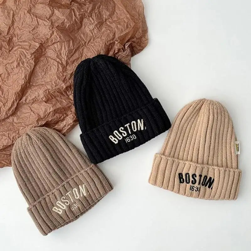 New BOSTON Letter Baby Hat Winter Warm Baby Boys Girls Hat Bonnet Soft Ear Protection Infant Toddler Knitted Kids Cap Beanies