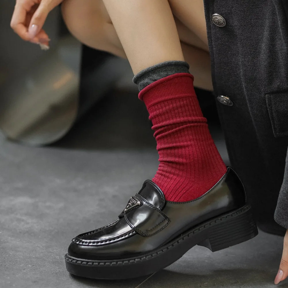 2025 New Women Socks Casual Fashion Striped Red Gray Elastic Long Socks Women Polka Dot Harajuku Retro Cotton Middle-tube Socks