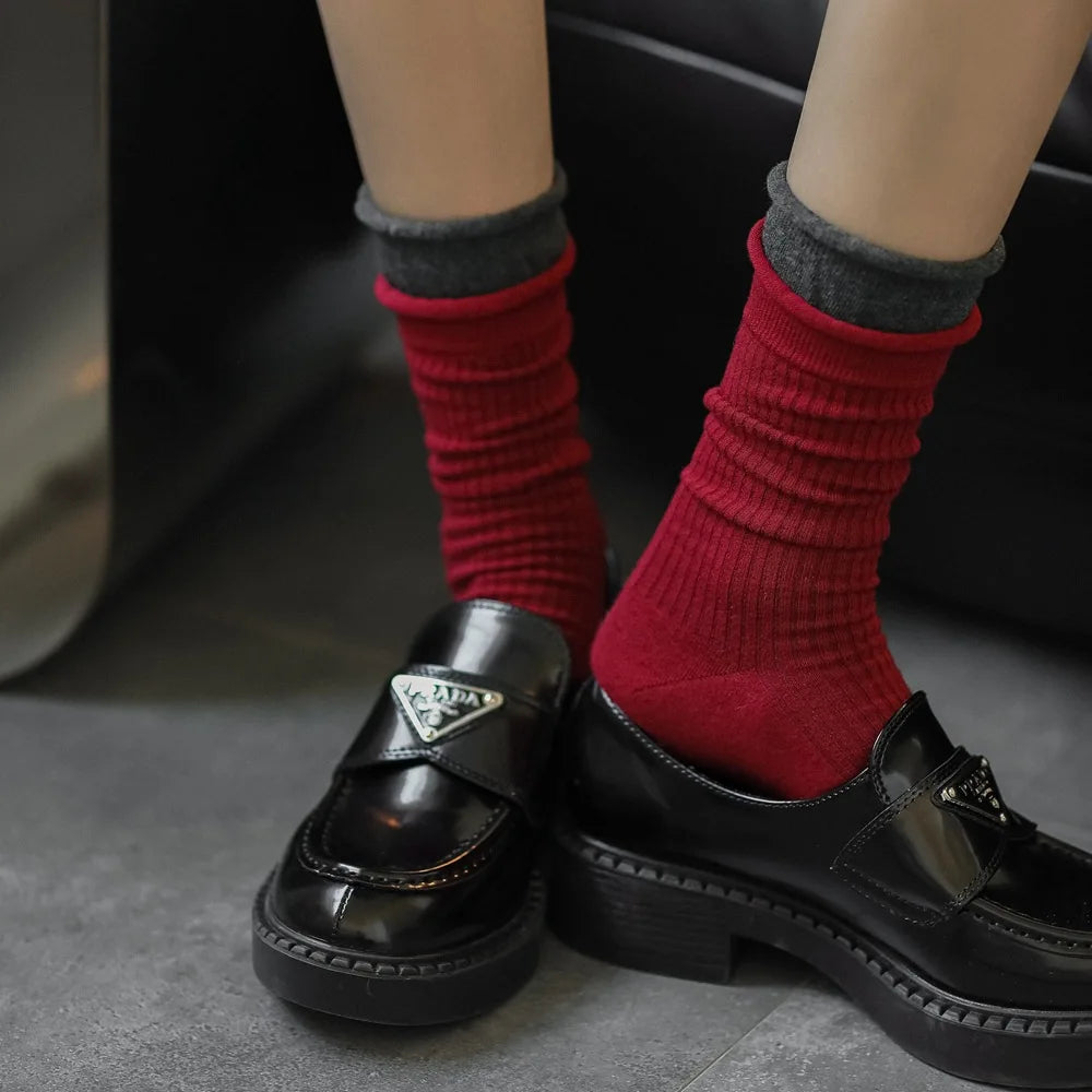 2025 New Women Socks Casual Fashion Striped Red Gray Elastic Long Socks Women Polka Dot Harajuku Retro Cotton Middle-tube Socks