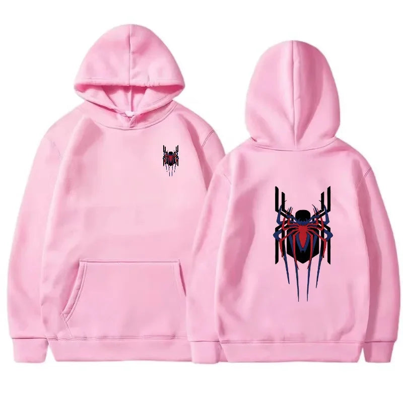 2025 New Men's Hoodie Street Fashion Deep Red Spider Print Sweatshirt Brushed Fleece Women's Casual Fun Loose Hoodie Men's Wear