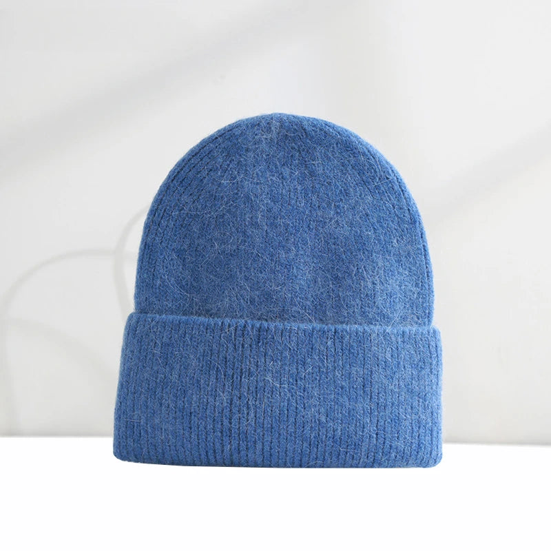 Fluffy Angora Hat Rabbit Fur Warm Winter hat For Womans Cashmere Wool Soft Beanies Blue Knitted Hat Outdoor Ski Female