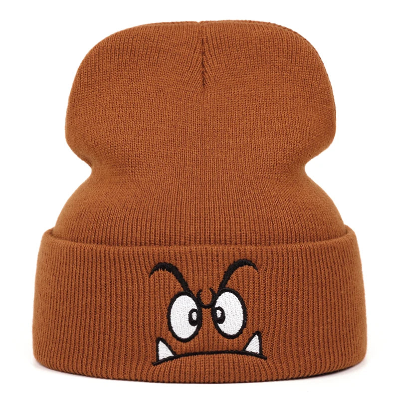 Angry expression embroidered knitted hat, warm woolen hat for men's and women's outdoor sports events in autumn and winter