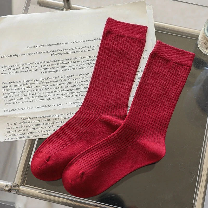 2025 New Women Socks Casual Fashion Striped Red Gray Elastic Long Socks Women Polka Dot Harajuku Retro Cotton Middle-tube Socks