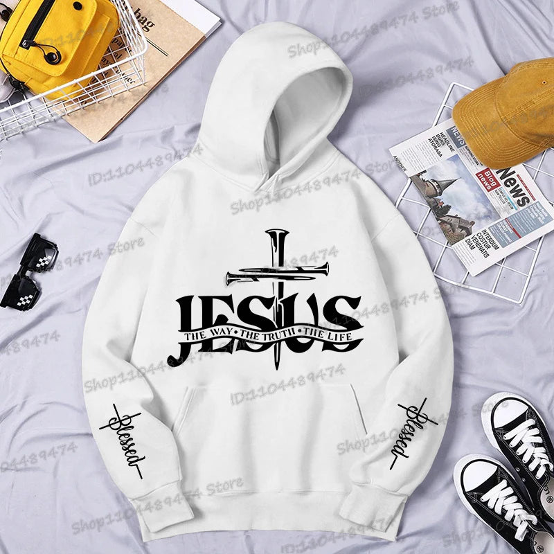 Christian Jesus The Way The Truth The Life Printed Hoodie Men's Streetwear Vintage Cross Faith Religious Sportswear Casual Hoody