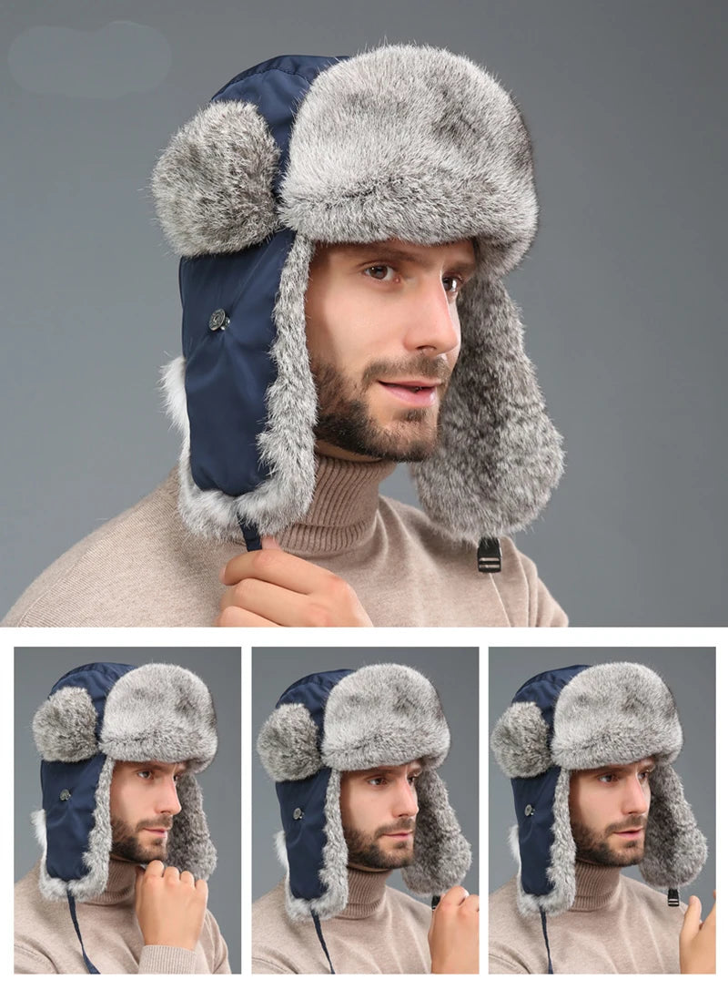2025 New Winter Hat For Men Real Rabbit Fur Ear Cap Warm Winter Men Hat Fur Beret Russian Hats High Quality to Keep Warm