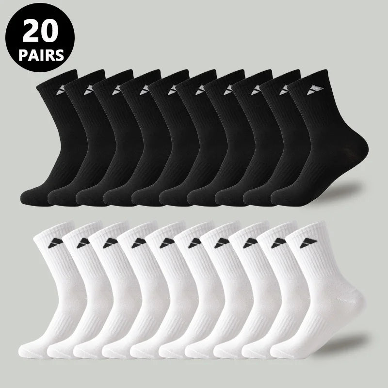 20 Pairs Men's High Waist Solid Unisex Sports Socks Black White Breathable Mid-Calf Casual All-Season Simple Versatile