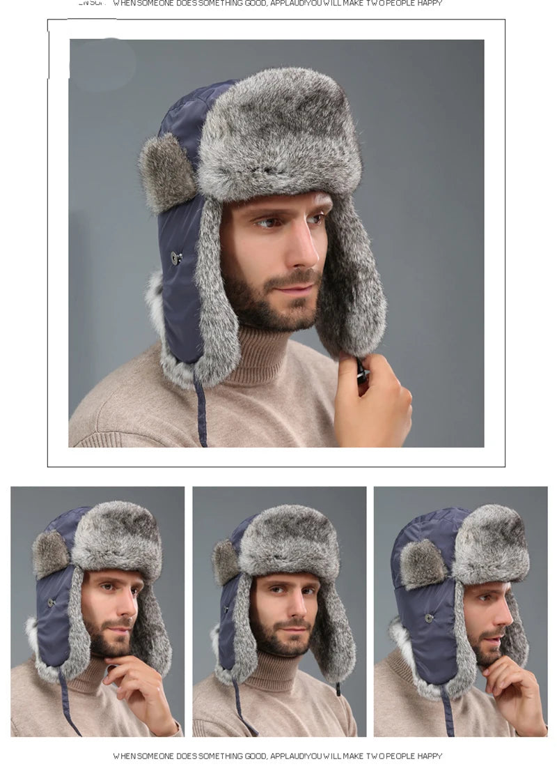 2025 New Winter Hat For Men Real Rabbit Fur Ear Cap Warm Winter Men Hat Fur Beret Russian Hats High Quality to Keep Warm
