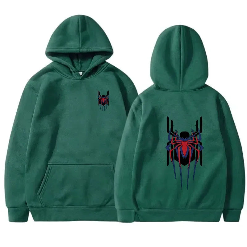 2025 New Men's Hoodie Street Fashion Deep Red Spider Print Sweatshirt Brushed Fleece Women's Casual Fun Loose Hoodie Men's Wear