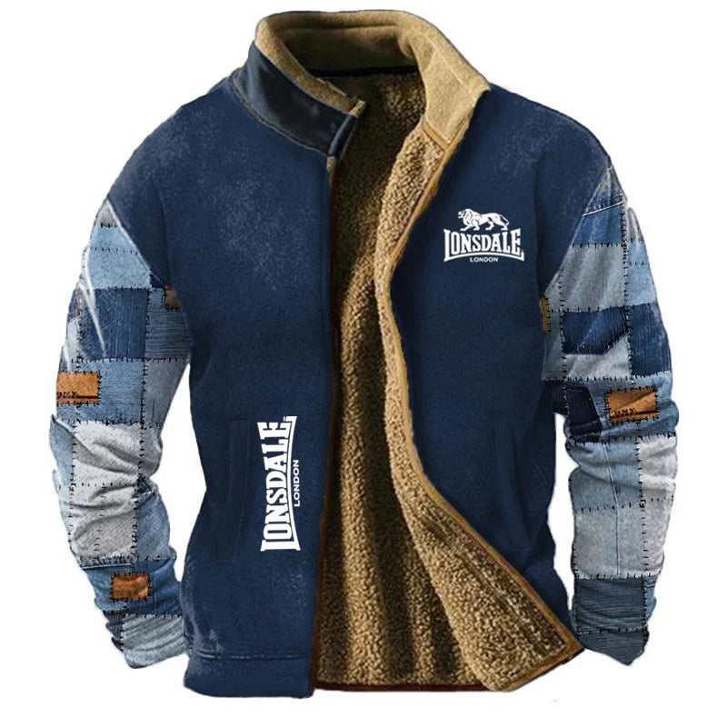 LONSDALE fur collared cotton jacket for men in winter, with added plush and thick Hong Kong style retro trend, loose and casual