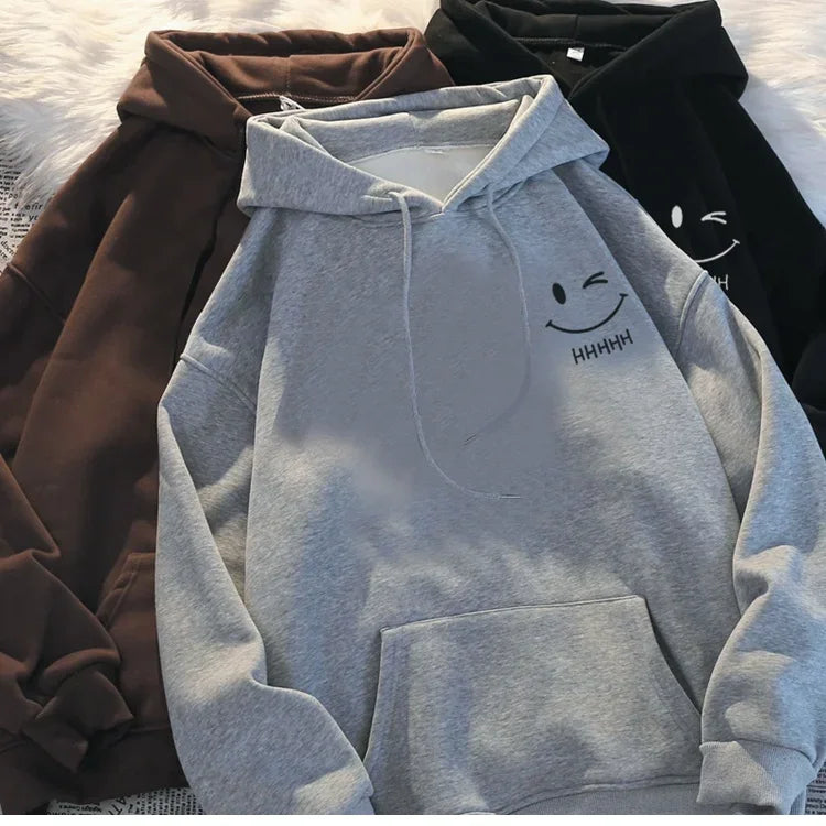 Men's Smiling Face Funny Fashion Couple Hooded Sweater American Heavyweight Loose Thickened Cashmere Boys' Hoodie Pullover Top