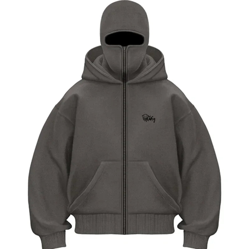 Balaclava Men Zip Hoodie Winter Warm Casual Sweatshirt Y2K with Hooded Face Mask Zipper Design Sports Jacket Outdoor Activities