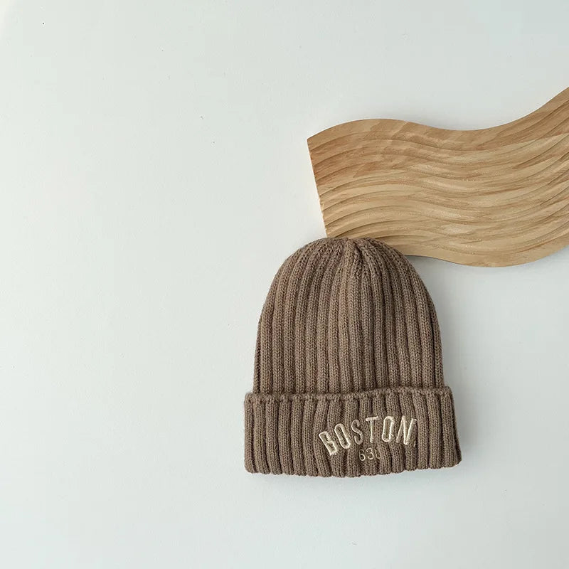 New BOSTON Letter Baby Hat Winter Warm Baby Boys Girls Hat Bonnet Soft Ear Protection Infant Toddler Knitted Kids Cap Beanies