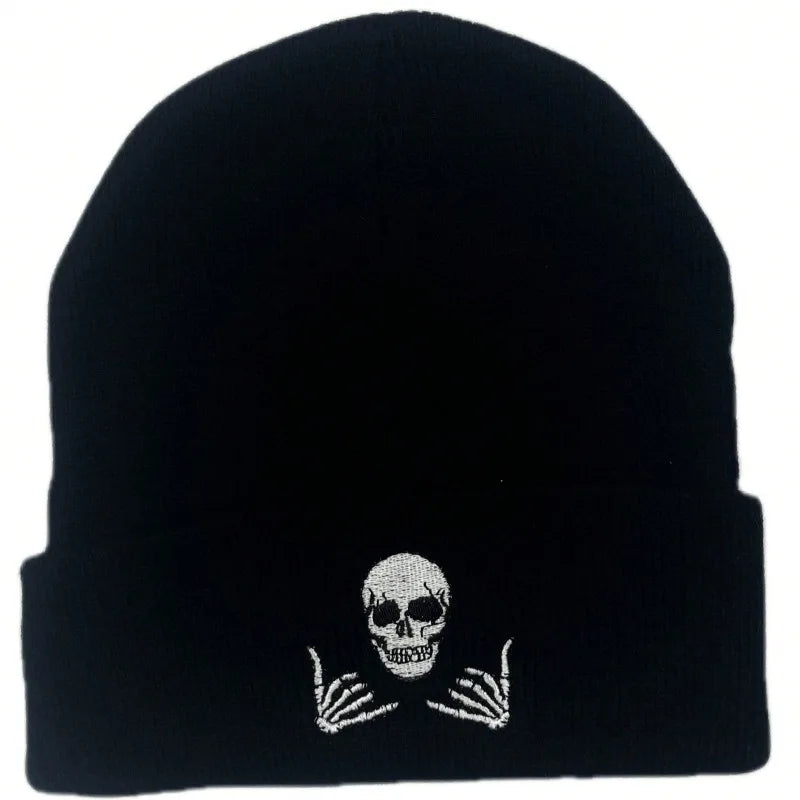 1pc unisex Winter Warm Skull Embroidery Knit Beanie Hat,Warm Outdoor Ski Cap Autumn Accessories,suitable for Halloween,Christmas