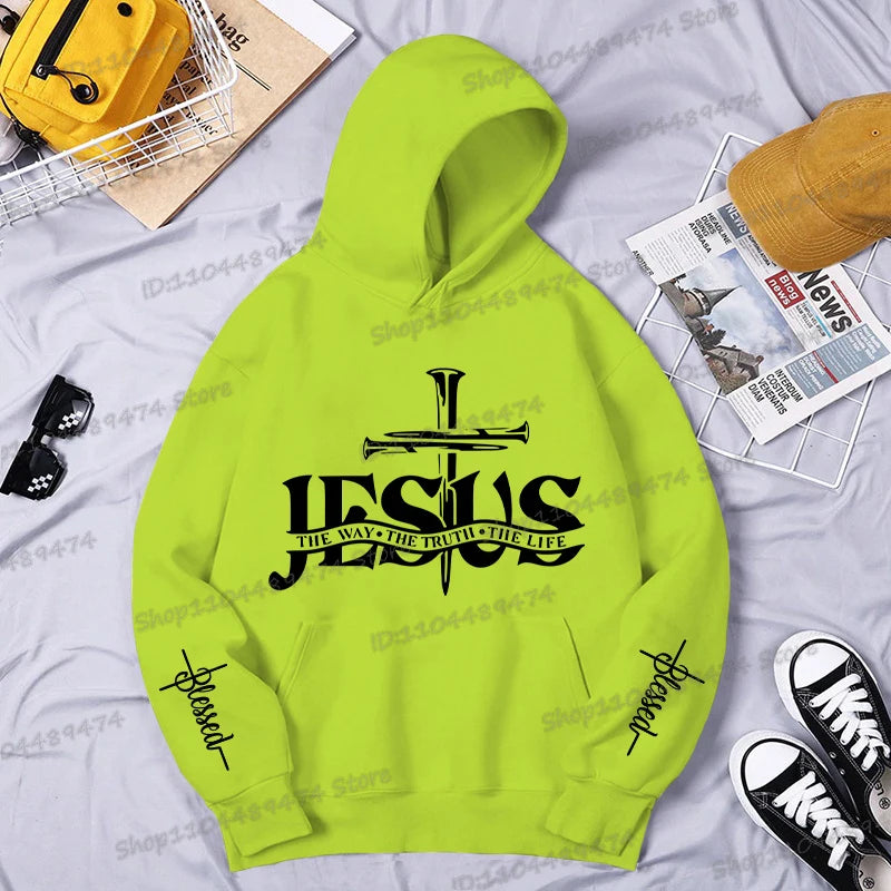 Christian Jesus The Way The Truth The Life Printed Hoodie Men's Streetwear Vintage Cross Faith Religious Sportswear Casual Hoody