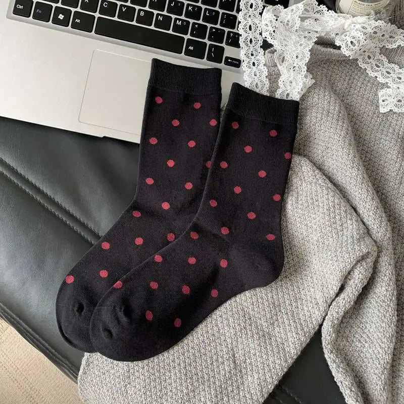 2025 New Women Socks Casual Fashion Striped Red Gray Elastic Long Socks Women Polka Dot Harajuku Retro Cotton Middle-tube Socks