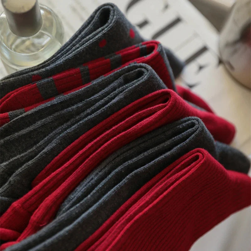2025 New Women Socks Casual Fashion Striped Red Gray Elastic Long Socks Women Polka Dot Harajuku Retro Cotton Middle-tube Socks